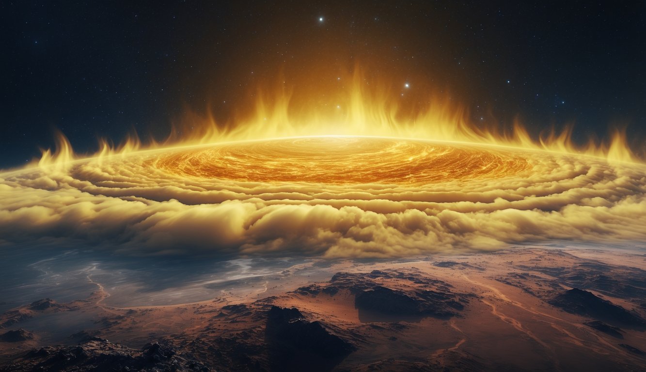 Gambaran planet Venus dengan awan tebal berwarna kuning-oranye yang menyelimuti permukaan berbatu dan berwarna merah, menunjukkan suhu dan atmosfer yang ekstrem.