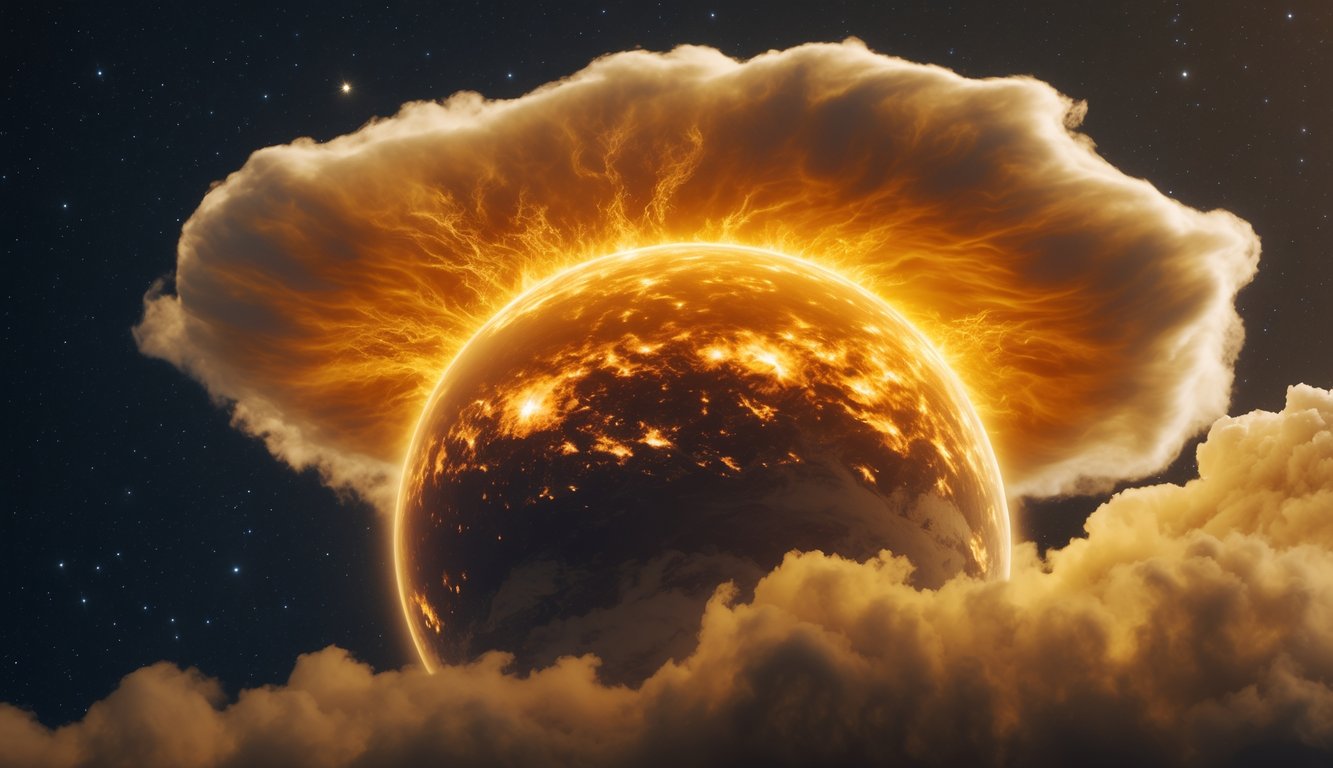 Gambaran permukaan Venus yang panas dengan awan tebal berwarna kuning dan coklat yang menyelimuti planet tersebut.
