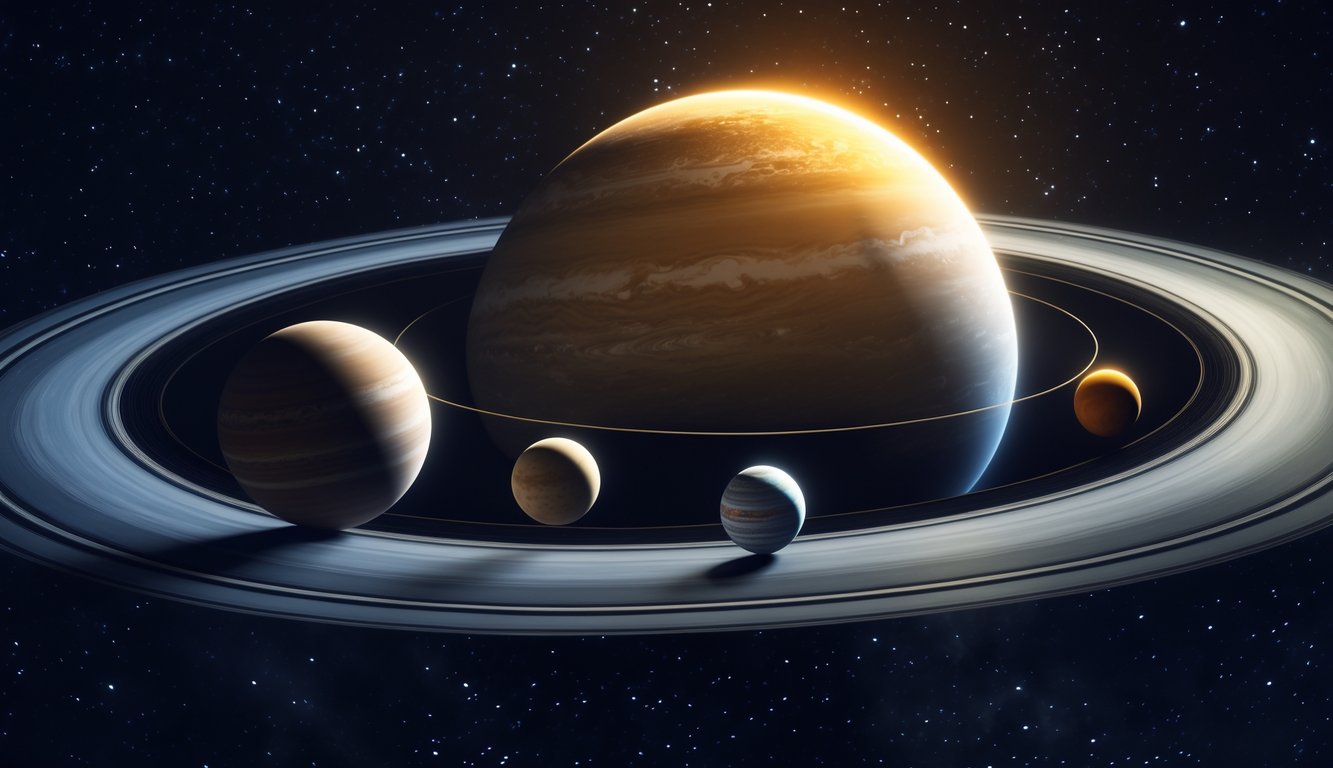 Gambaran posisi planet Venus sebagai planet kedua dari Matahari dalam tata surya dengan latar belakang ruang angkasa berbintang.