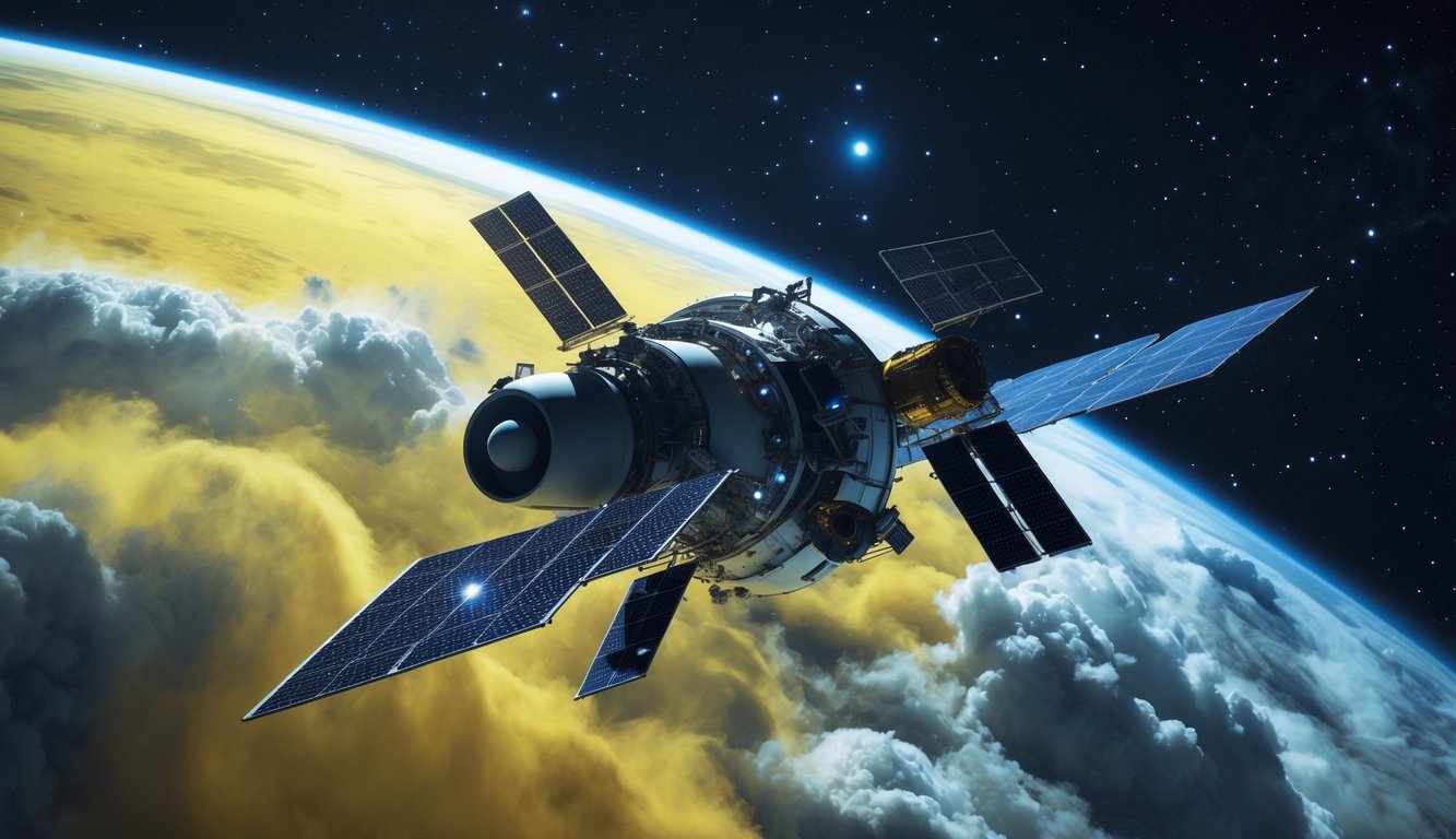 Sebuah pesawat luar angkasa mengorbit dekat planet Venus dengan awan tebal berwarna kuning dan latar belakang ruang angkasa gelap penuh bintang.