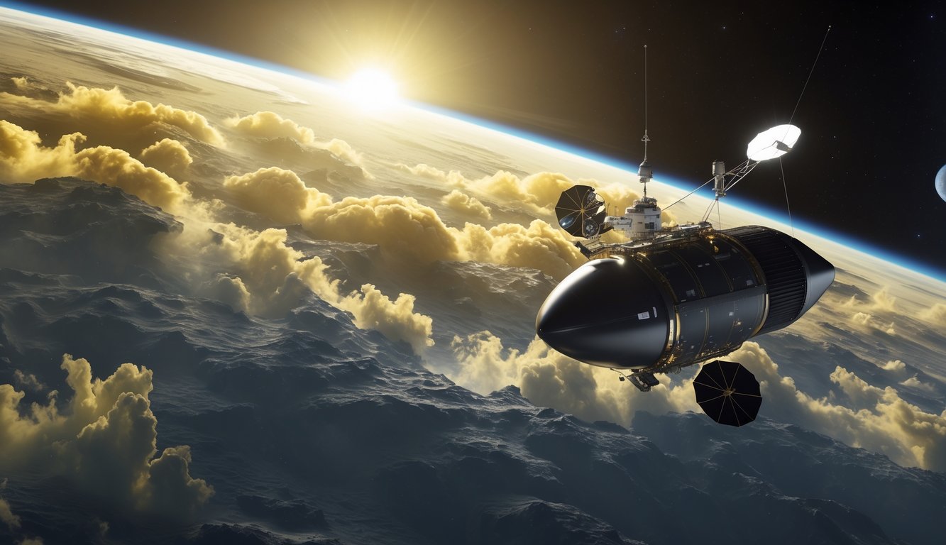 Gambaran planet Venus dengan awan tebal berwarna kuning dan sebuah pesawat luar angkasa yang sedang mengorbit di sekitarnya di ruang angkasa.
