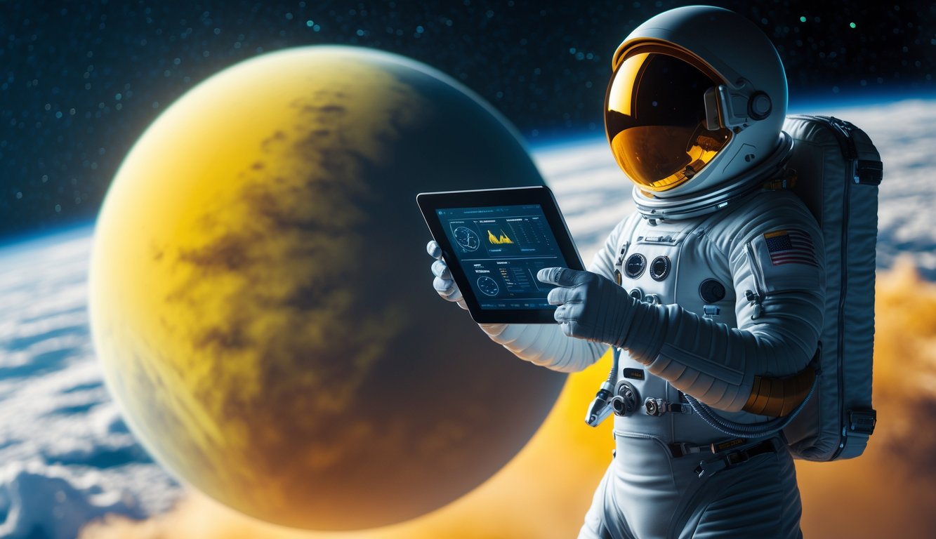 Seorang astronot di luar angkasa mengamati planet Venus yang berwarna kuning-oranye dengan latar belakang bintang-bintang.