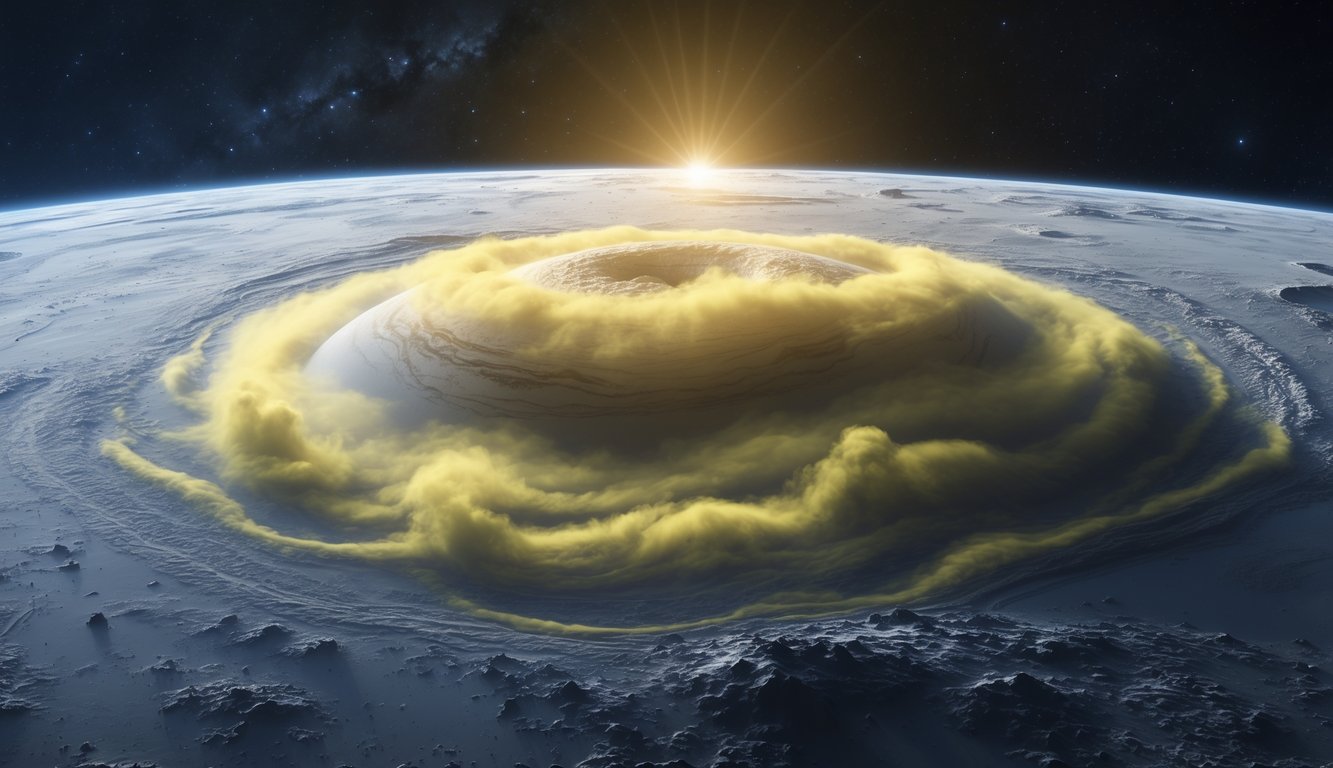 Gambaran planet Venus dengan awan tebal berwarna kuning dan latar belakang ruang angkasa gelap penuh bintang.