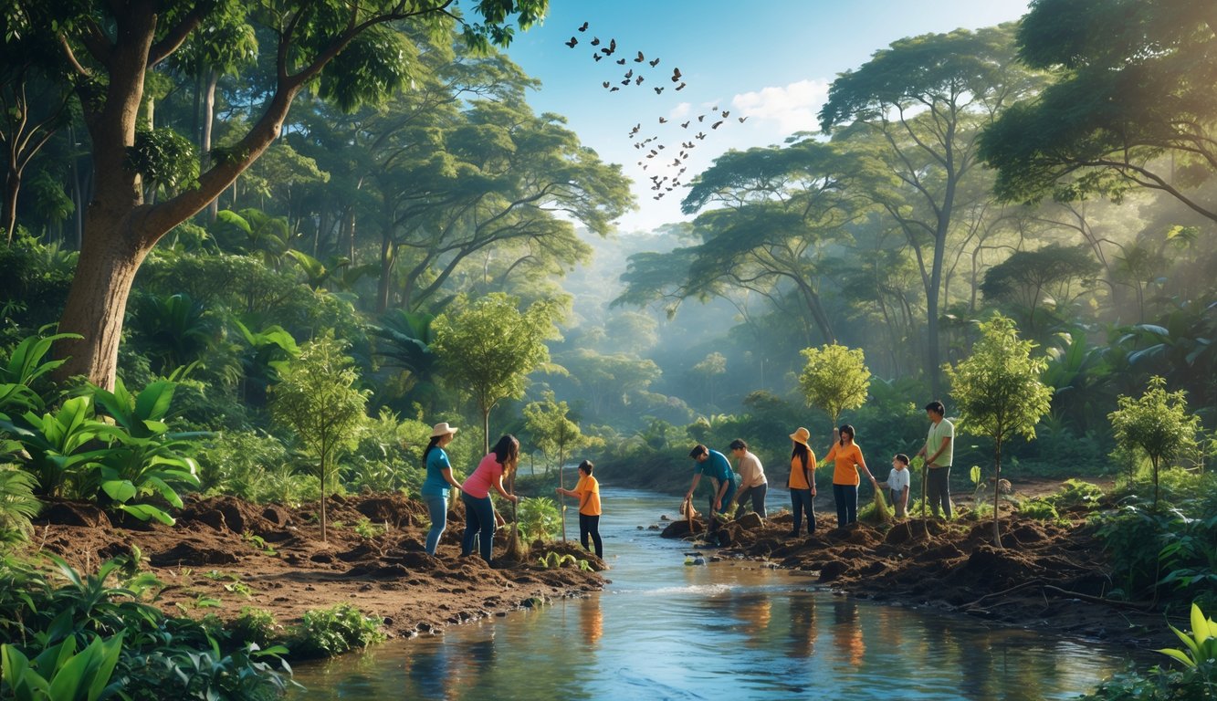 Orang-orang menanam pohon dan membersihkan hutan yang hijau dengan sungai mengalir di tengahnya.