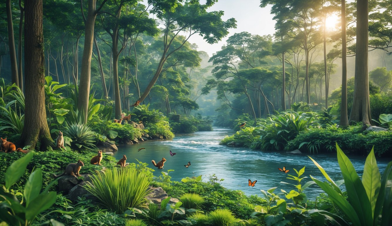Hutan hijau yang rimbun dengan sungai mengalir jernih, berbagai burung berwarna-warni dan hewan kecil terlihat hidup bersama dalam ekosistem yang seimbang.