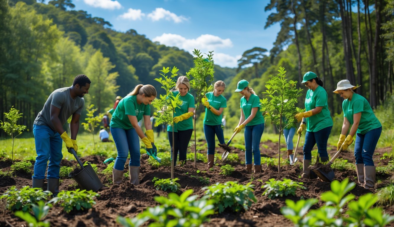 Orang-orang menanam pohon di hutan hijau untuk konservasi lingkungan dan mencegah perubahan iklim.