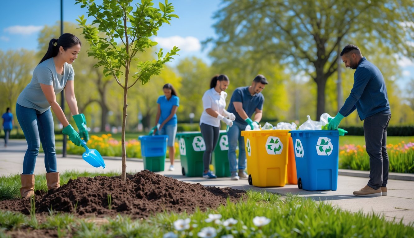 Orang-orang melakukan kegiatan konservasi alam sehari-hari seperti menanam pohon, menghemat air, dan memilah sampah di taman yang hijau.