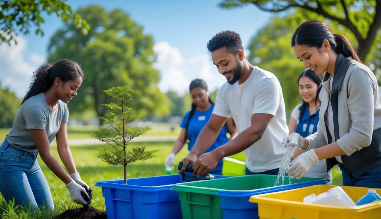 Orang-orang melakukan kegiatan konservasi sumber daya alam sehari-hari seperti menanam pohon, menghemat air, dan memilah sampah di taman hijau.