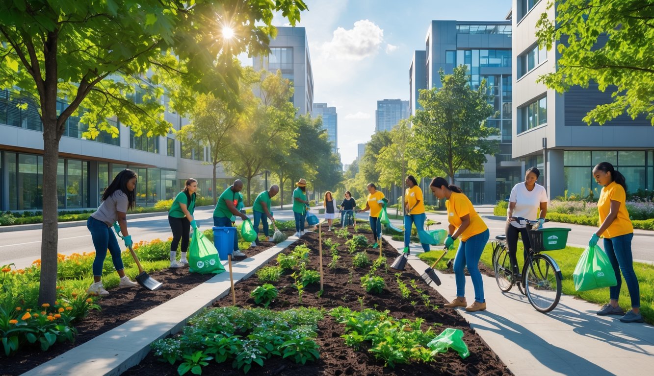 Orang-orang dari berbagai usia dan latar belakang sedang menanam pohon dan membersihkan lingkungan di taman kota yang hijau dengan gedung modern di sekitar.