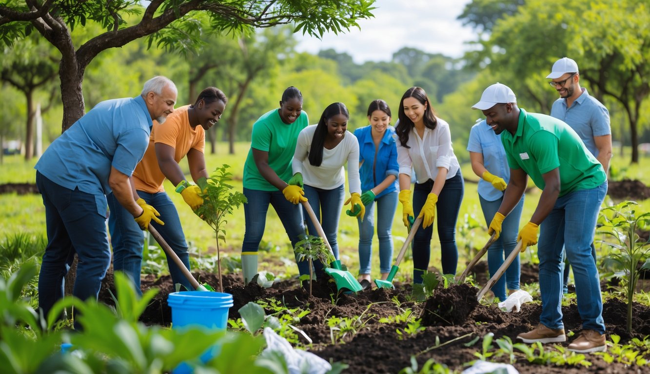 Sekelompok orang beragam usia dan latar belakang sedang bekerja sama menanam pohon dan membersihkan lingkungan di luar ruangan.