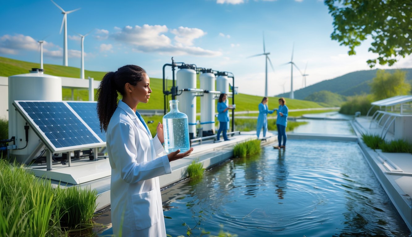 Sekelompok ilmuwan dan insinyur lingkungan bekerja di luar ruangan dekat fasilitas pengolahan air modern dengan pemandangan alam hijau dan langit biru, menunjukkan upaya konservasi air bersih.