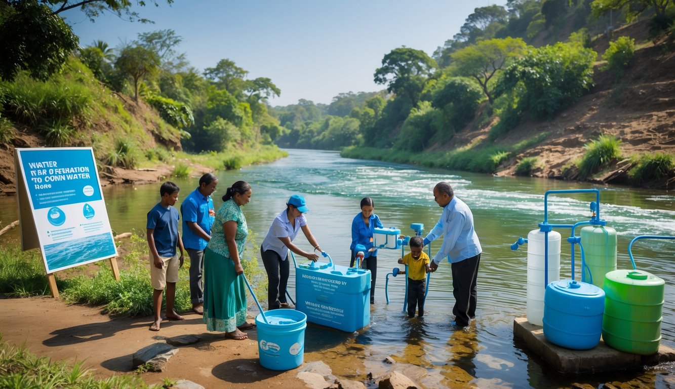 Orang-orang dari berbagai usia sedang melakukan kegiatan konservasi air di tepi sungai yang jernih dengan latar pepohonan hijau.