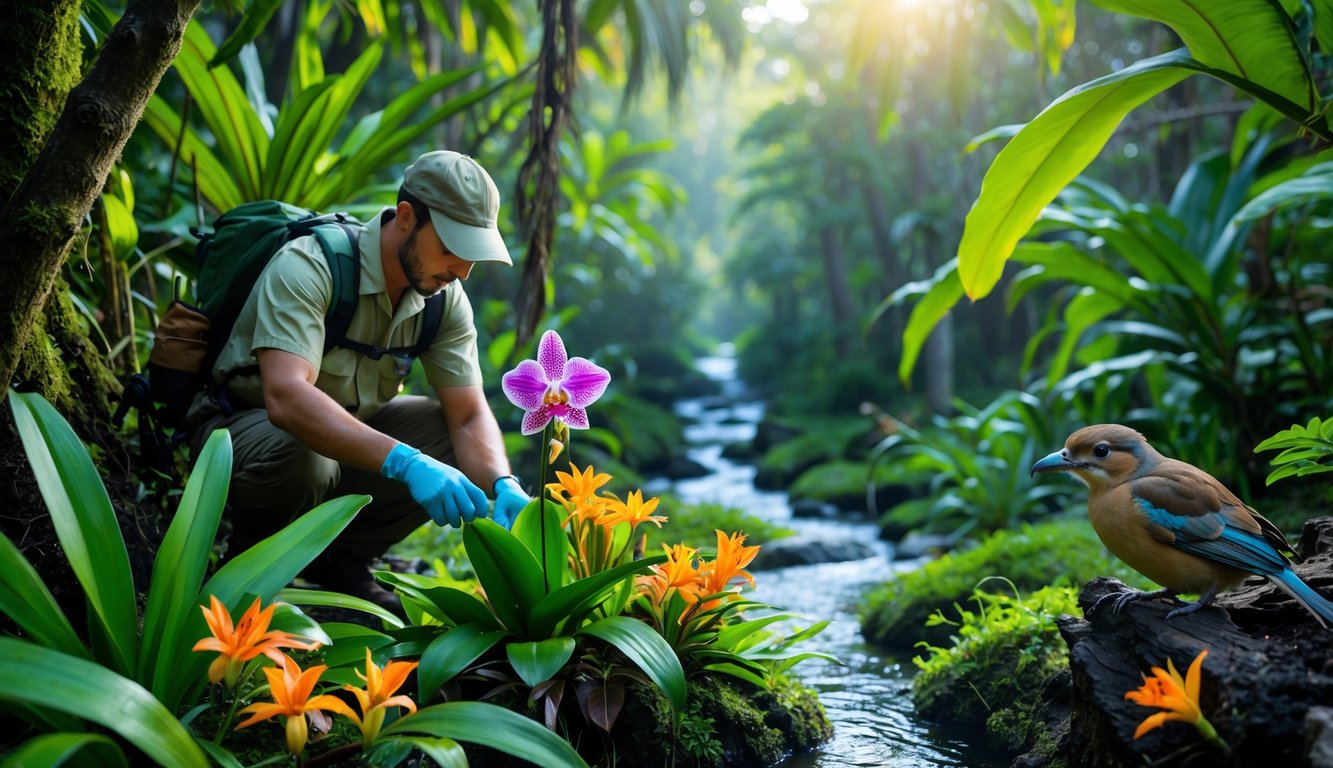 Seorang konservasionis sedang memeriksa bunga langka di hutan tropis yang rimbun dengan burung berwarna cerah dan hewan langka di sekitar.