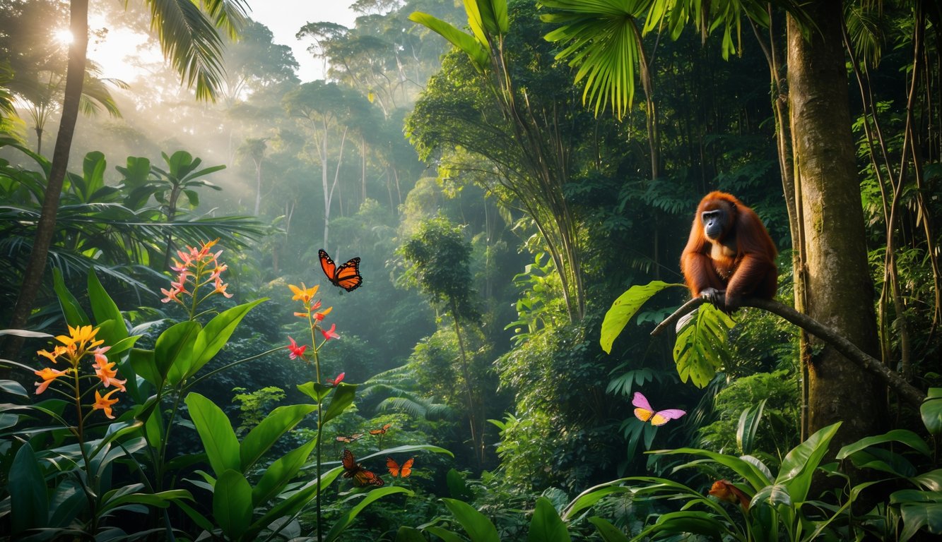 Hutan tropis yang rimbun dengan berbagai tanaman dan hewan langka seperti burung, mamalia kecil, dan kupu-kupu berwarna cerah.
