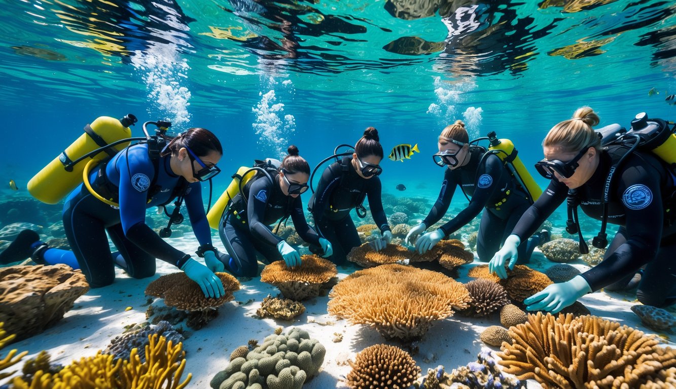 Tim konservasi laut menyelam di terumbu karang yang penuh warna dengan berbagai ikan tropis, melakukan penelitian dan penanaman terumbu karang.
