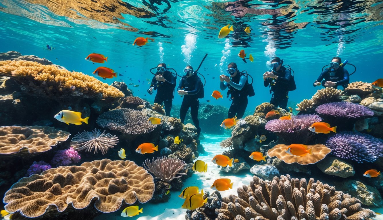 Terumbu karang yang berwarna-warni dengan ikan tropis berenang dan penyelam yang sedang mengamati terumbu untuk konservasi laut.