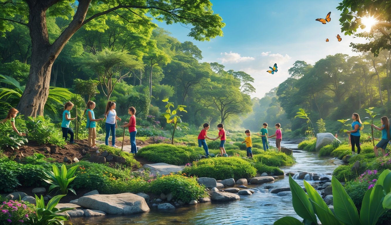 Orang-orang menanam pohon di hutan hijau yang rimbun dengan sungai jernih dan berbagai satwa liar di sekitar mereka.