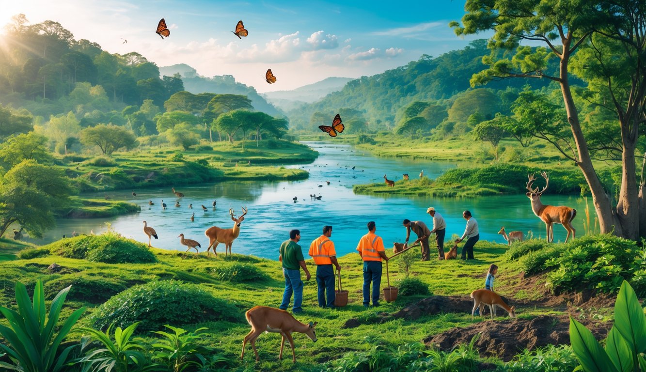 Pemandangan alam yang hijau dengan hutan, sungai jernih, berbagai satwa, dan orang-orang yang sedang menanam pohon serta memantau satwa liar.