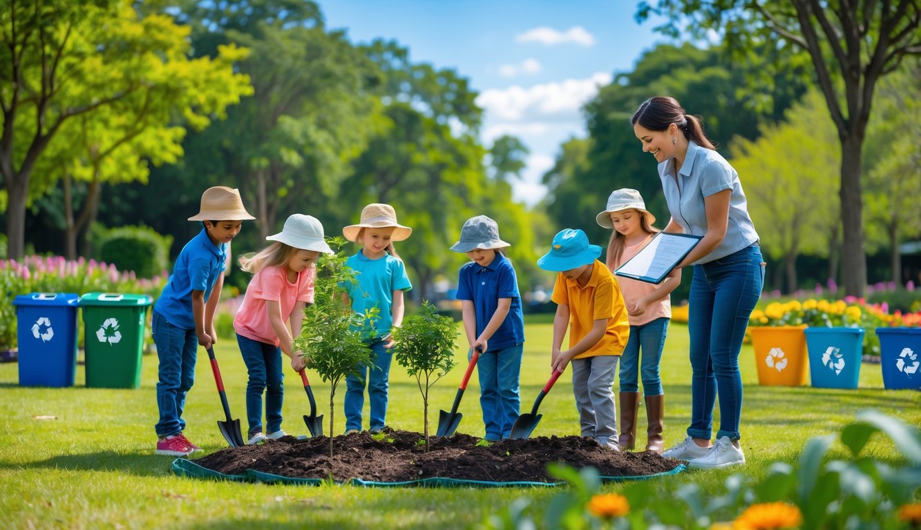 Sekelompok anak-anak dan guru sedang menanam pohon dan merawat tanaman di taman hijau.