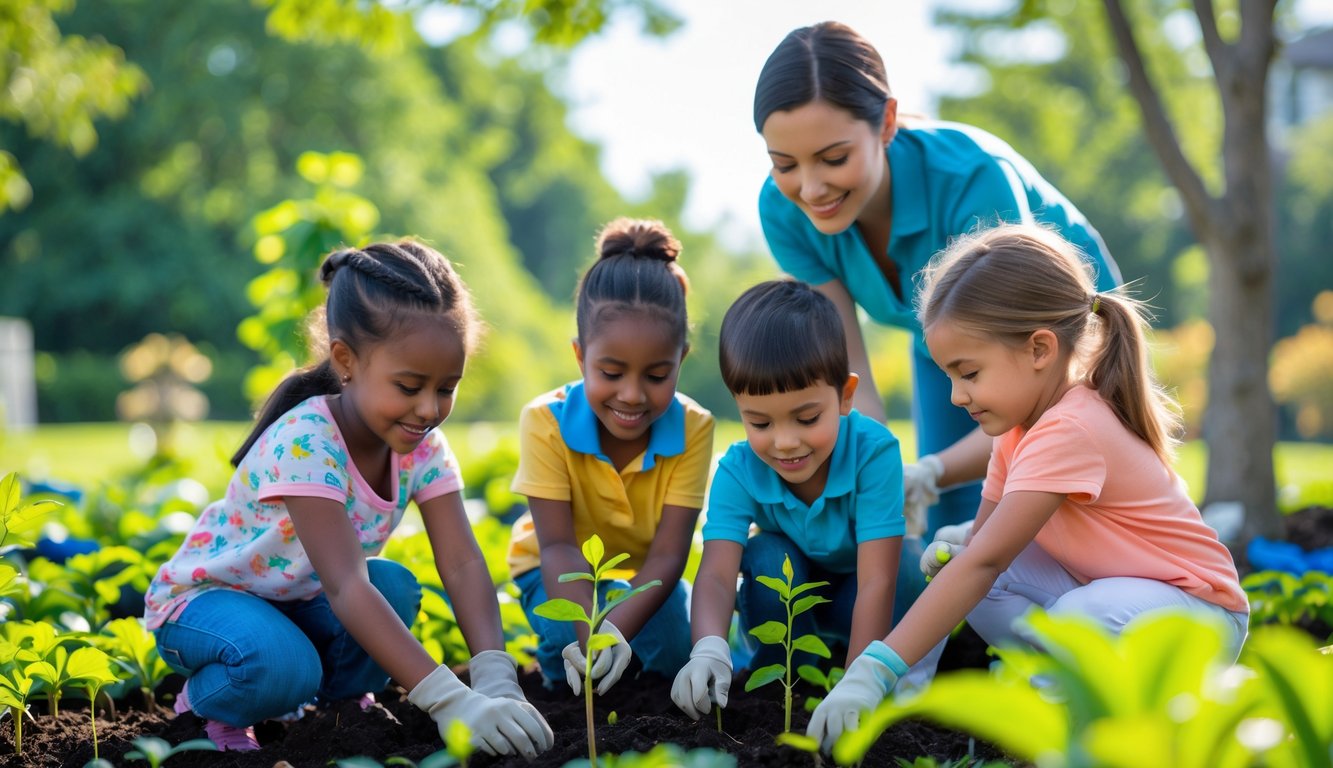 Anak-anak sedang menanam pohon di taman dengan bimbingan seorang pendidik.