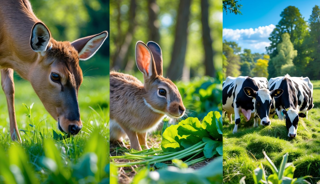 Beberapa hewan herbivora seperti rusa, kelinci, dan sapi sedang makan tanaman di habitat alaminya.