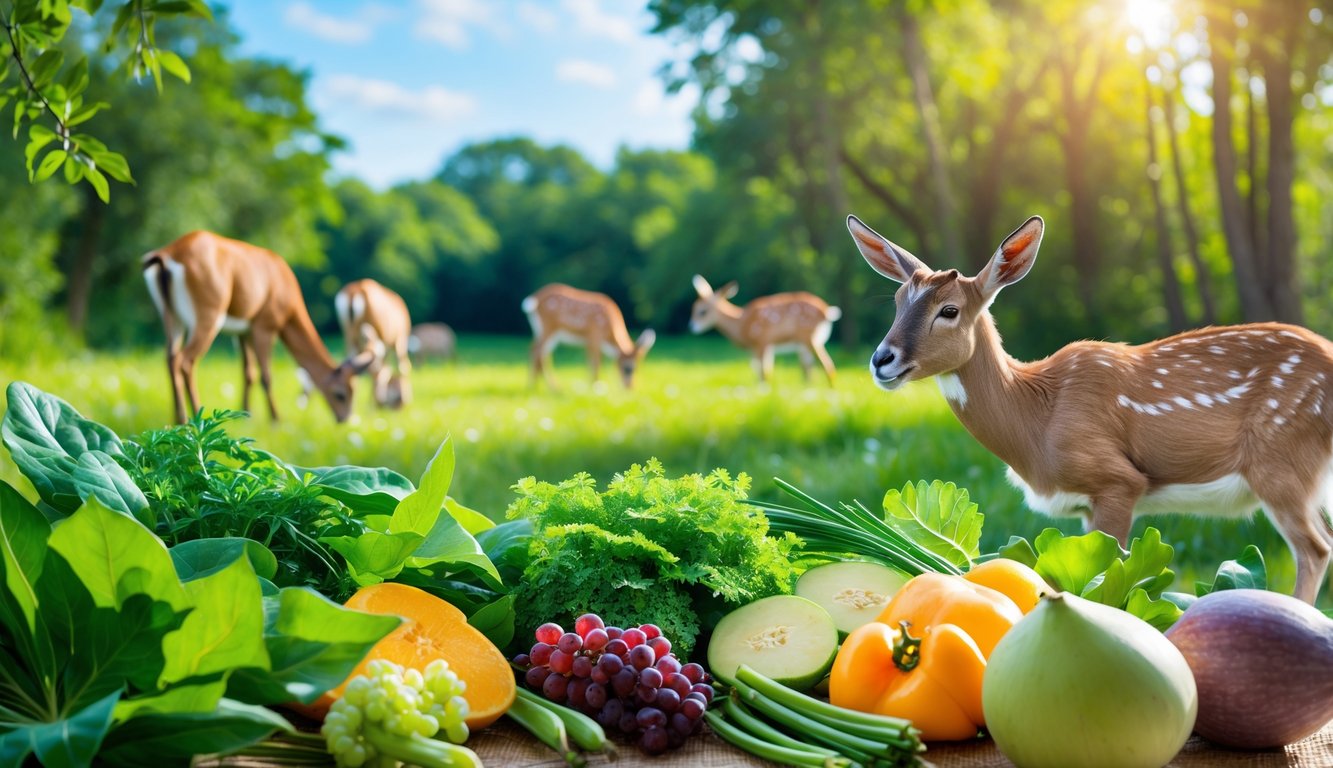Beberapa hewan herbivora seperti rusa, kelinci, dan kambing sedang merumput di padang rumput hijau dengan berbagai daun, rumput, buah, dan sayuran di sekitarnya.