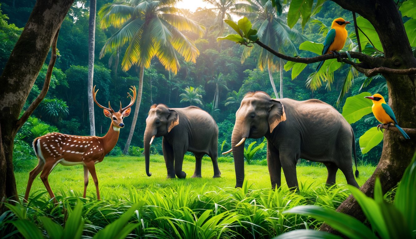 Berbagai hewan herbivora Indonesia seperti rusa, gajah, dan burung myna di habitat hutan tropis yang hijau.