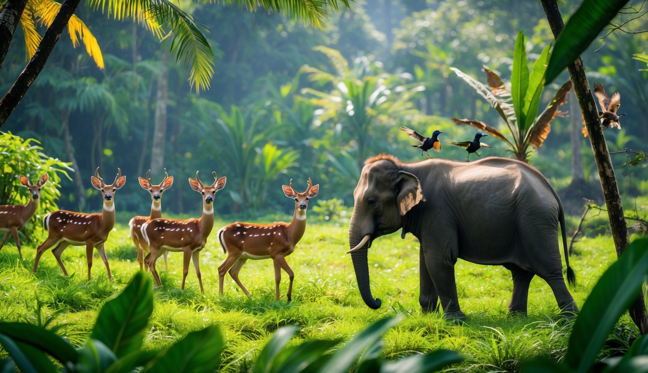 Berbagai hewan herbivora di Indonesia seperti rusa Jawa, gajah Sumatra, dan burung jalak Bali di habitat hutan tropis yang hijau dan rimbun.