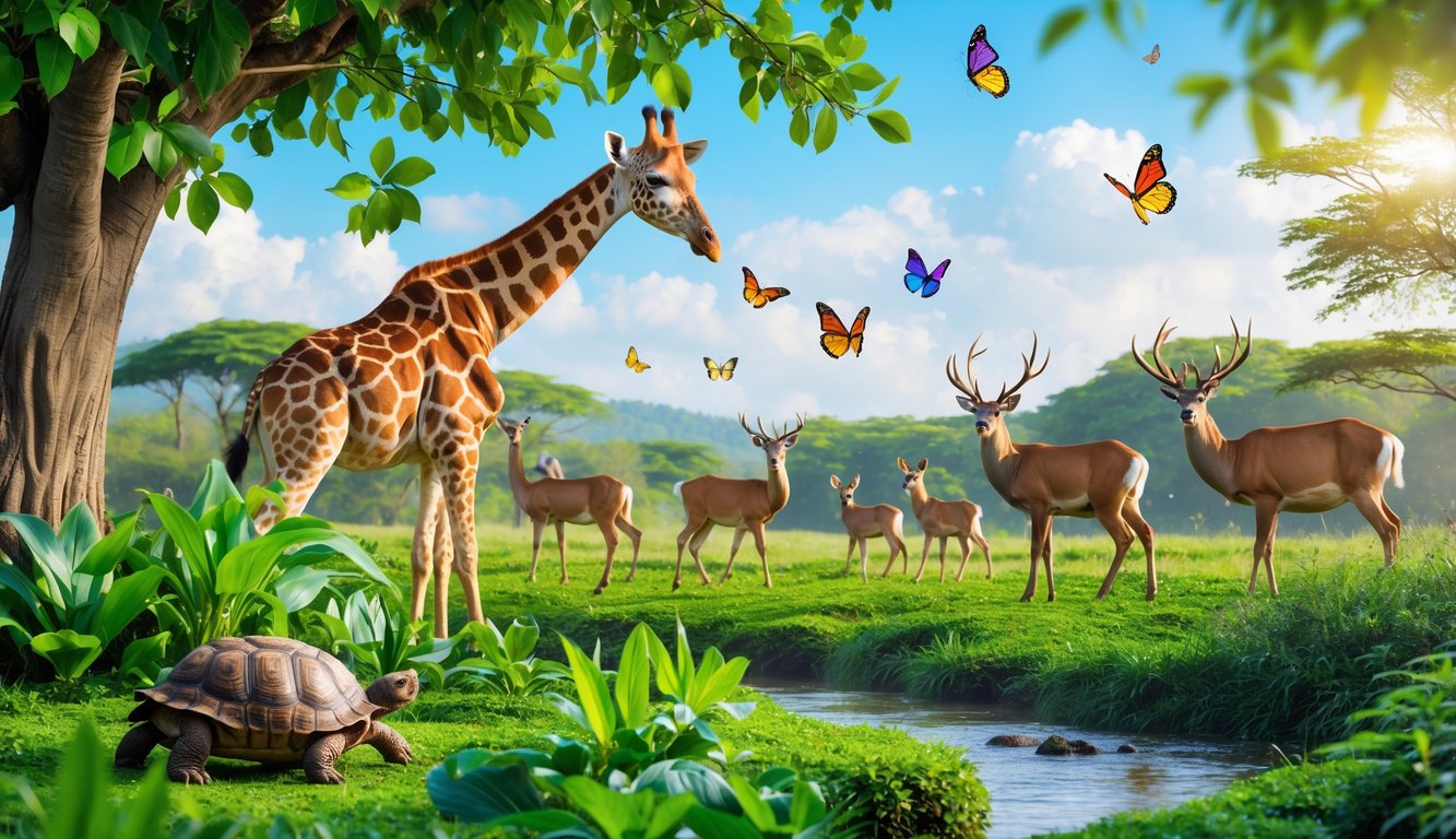Beberapa hewan herbivora seperti jerapah, rusa, dan kura-kura sedang berada di habitat alaminya dengan tumbuhan hijau dan langit biru di latar belakang.