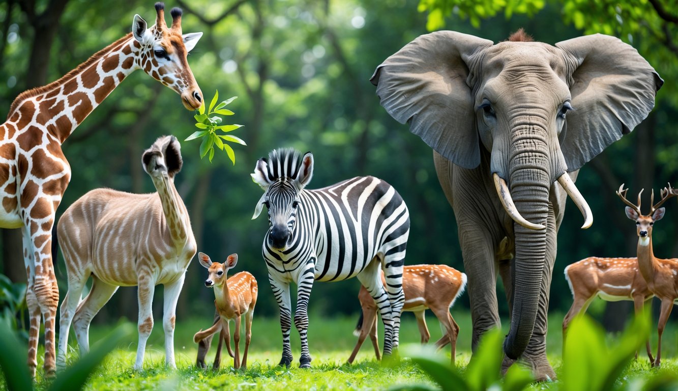 Beberapa hewan herbivora seperti jerapah, zebra, gajah, dan rusa sedang berada di habitat alaminya dengan latar hutan hijau yang terang.