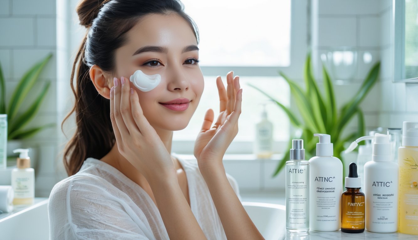 Seorang wanita sedang mengaplikasikan produk perawatan kulit di kamar mandi yang terang dan bersih.