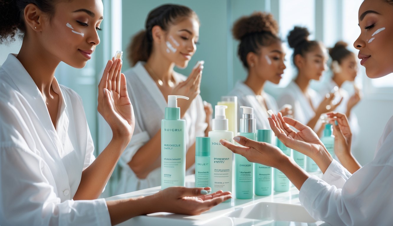 Beberapa orang muda sedang melakukan rutinitas perawatan kulit di area kamar mandi yang terang dengan produk perawatan kulit yang aman untuk kulit berminyak dan berjerawat.