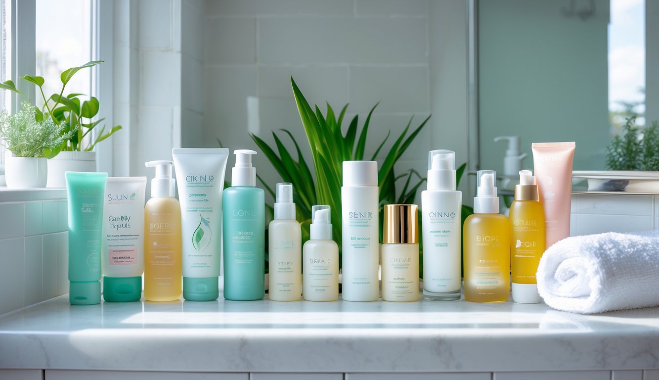 Meja kamar mandi dengan produk perawatan kulit pagi dan malam yang tertata rapi, tanaman hijau, dan handuk putih di dekat jendela yang terang.