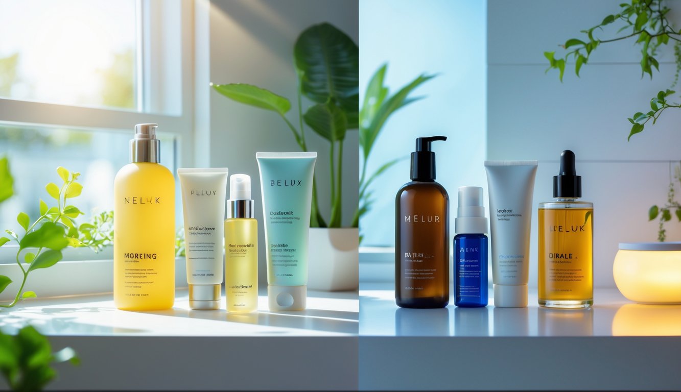 Meja kamar mandi dengan produk perawatan kulit pagi dan malam yang rapi, dengan cahaya alami di sisi pagi dan cahaya hangat di sisi malam.