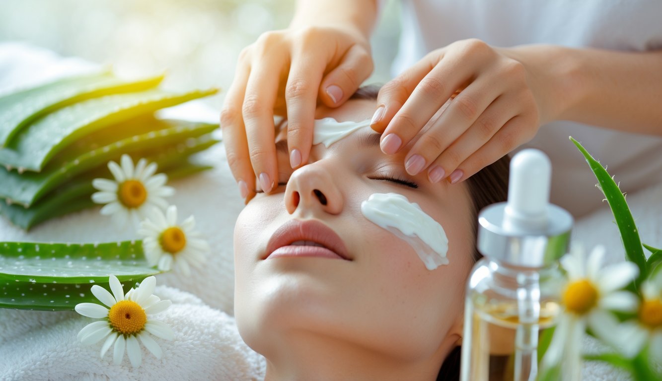 Seorang wanita sedang mengoleskan krim pada wajahnya dengan latar belakang bahan alami perawatan kulit.