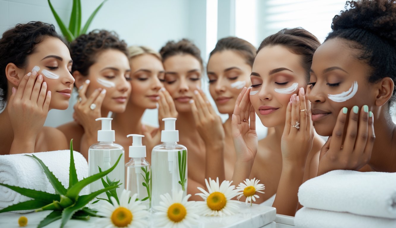 Beberapa orang dengan ekspresi tenang sedang mengaplikasikan produk perawatan kulit di ruangan yang terang dan rapi dengan bahan alami di sekitarnya.