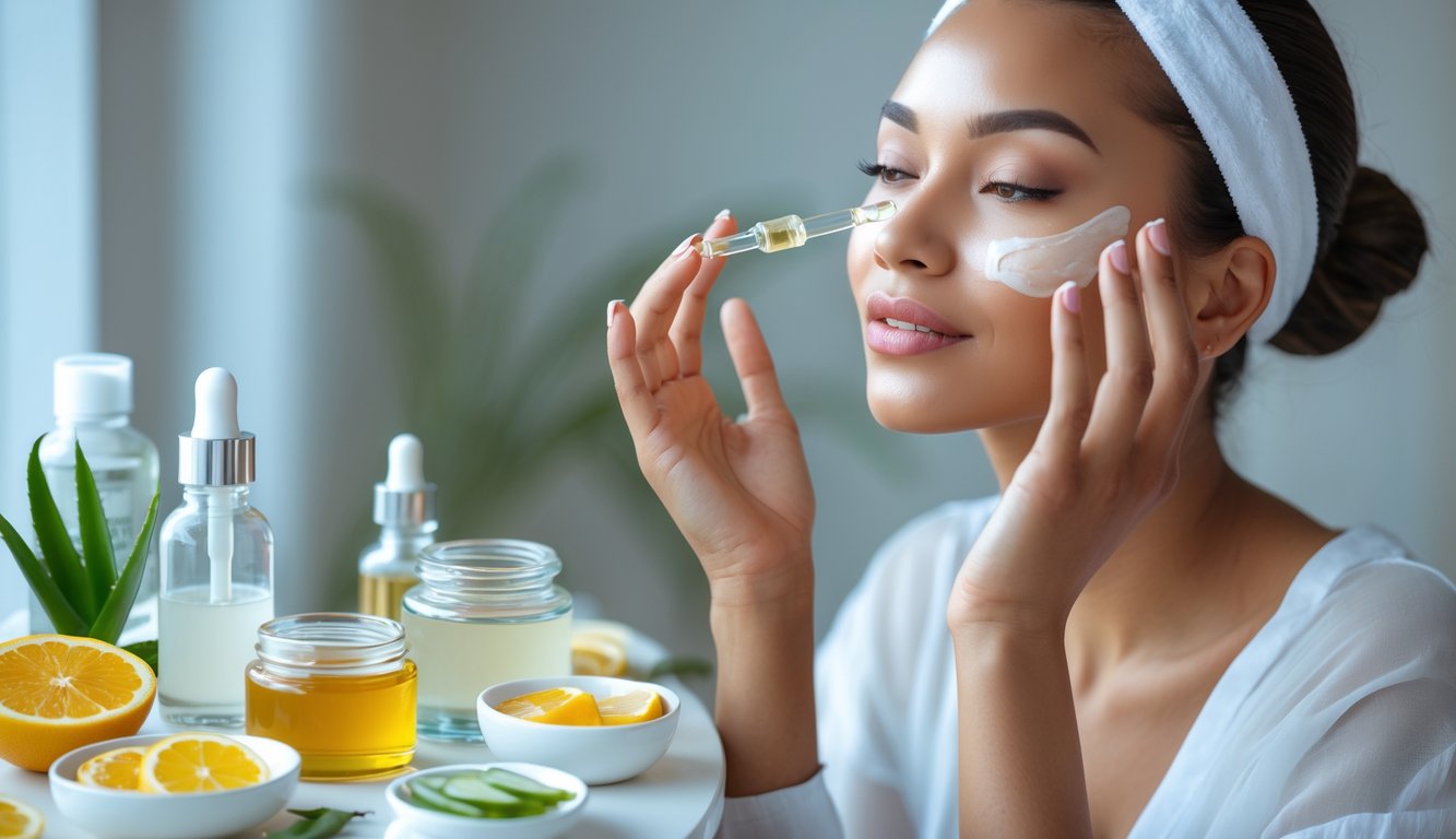 Seorang wanita sedang mengaplikasikan serum wajah di depan meja rias dengan produk perawatan kulit alami di sekitarnya.