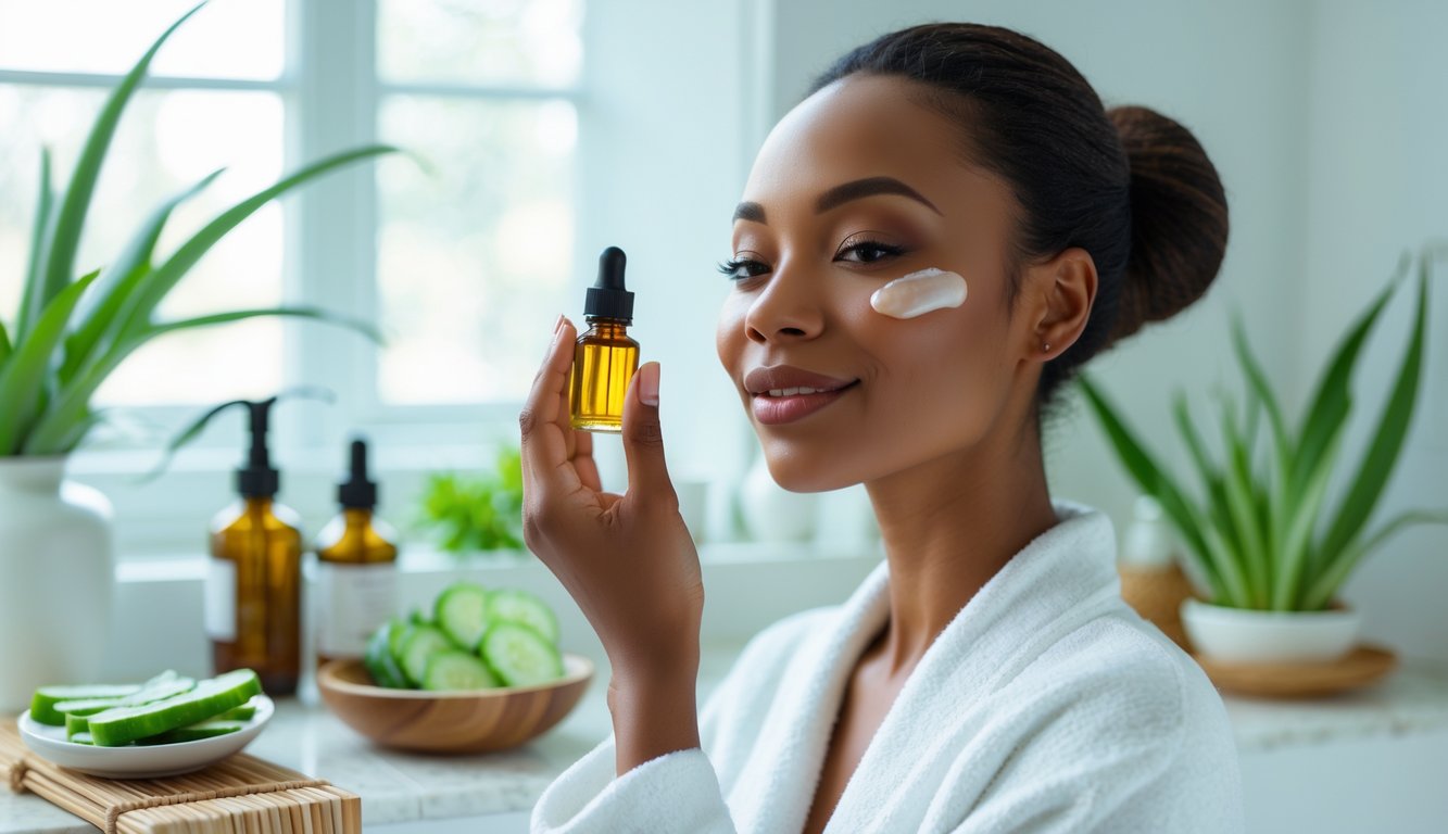 Seorang wanita muda sedang mengaplikasikan serum wajah di kamar mandi dengan produk perawatan kulit alami di sekitar.