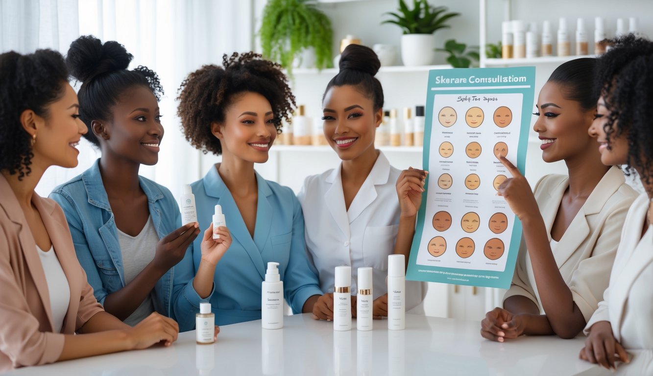 Beberapa wanita dari berbagai usia dan jenis kulit sedang berdiskusi tentang produk perawatan kulit di ruangan yang terang dan rapi.