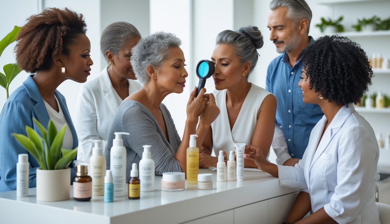 Seorang ahli perawatan kulit memeriksa wajah wanita paruh baya di ruang konsultasi dengan produk perawatan kulit di meja.
