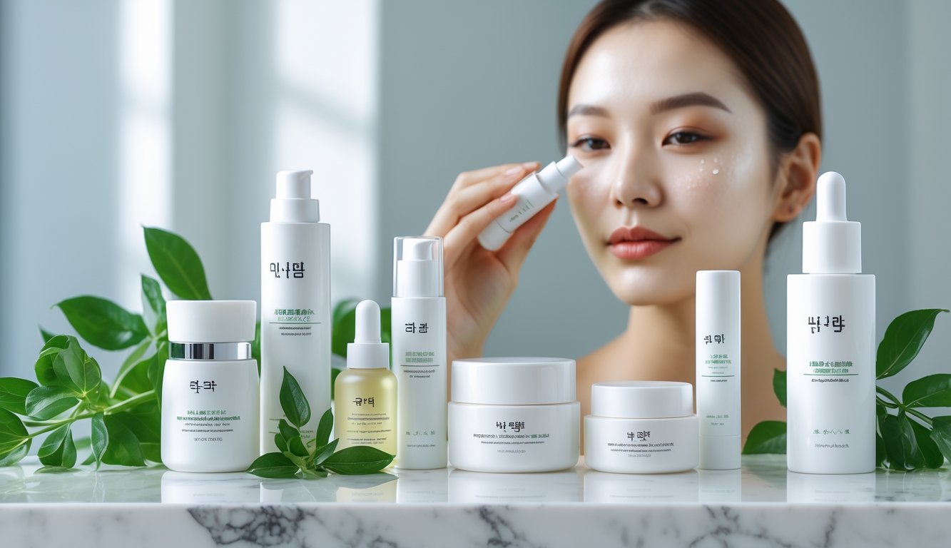 Berbagai produk perawatan kulit Korea diletakkan di atas meja putih dengan daun hijau dan tetesan air, serta seorang wanita muda sedang mengaplikasikan serum ke wajahnya.