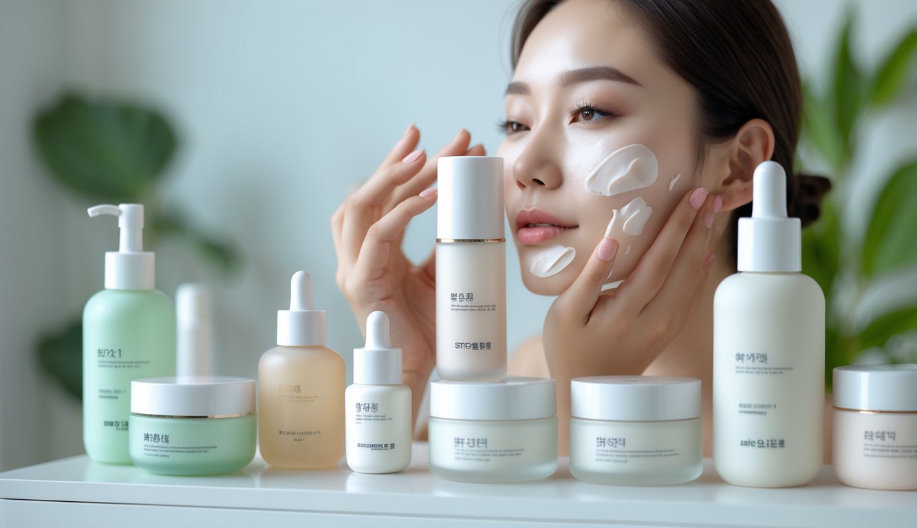 Seorang wanita muda sedang mengaplikasikan produk perawatan kulit di wajahnya dengan botol dan toples skincare di meja di depannya.