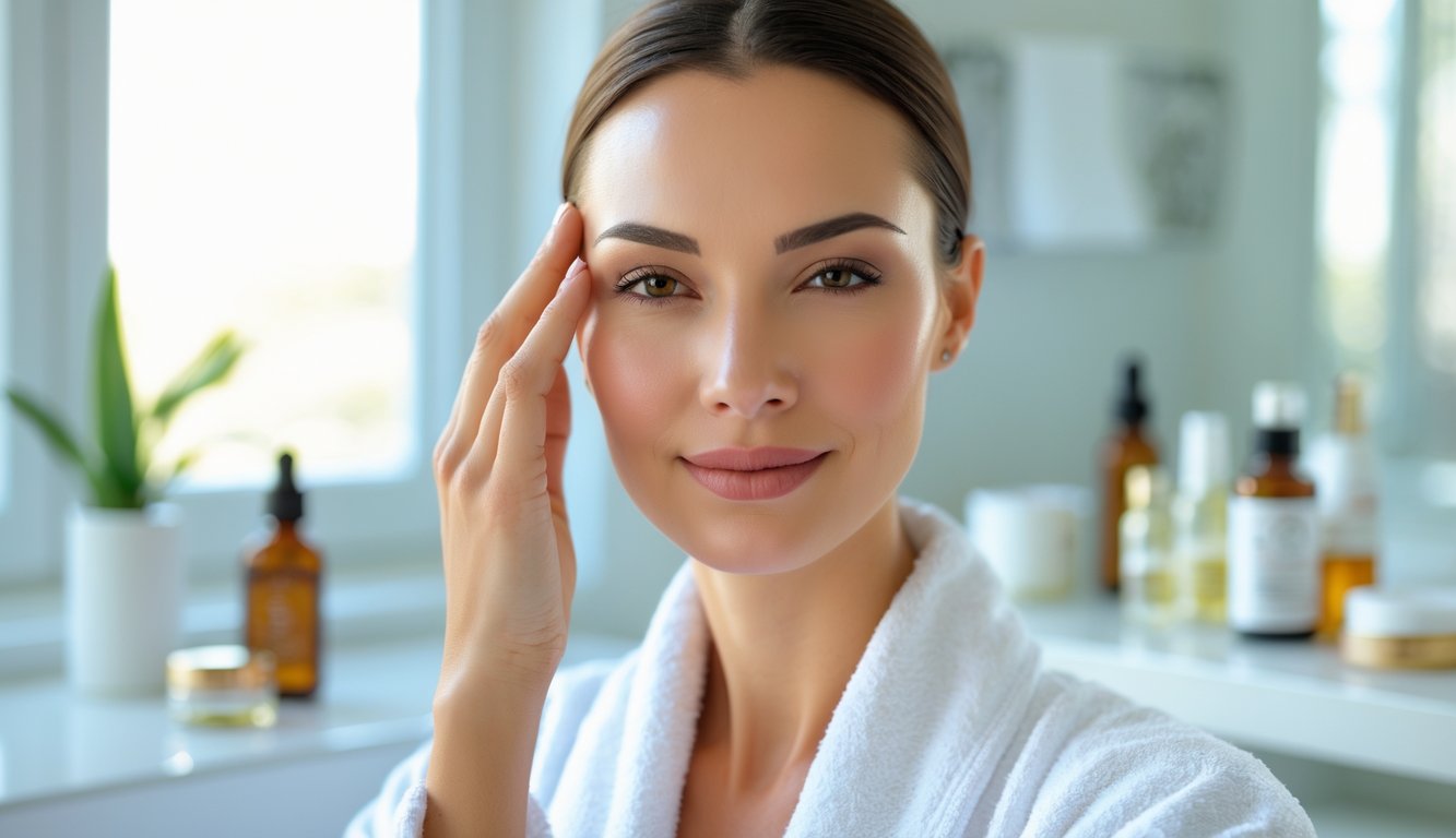 Seorang wanita berusia sekitar 30 tahun dengan kulit halus dan bercahaya menyentuh wajahnya di kamar mandi yang terang dengan produk perawatan kulit di latar belakang.