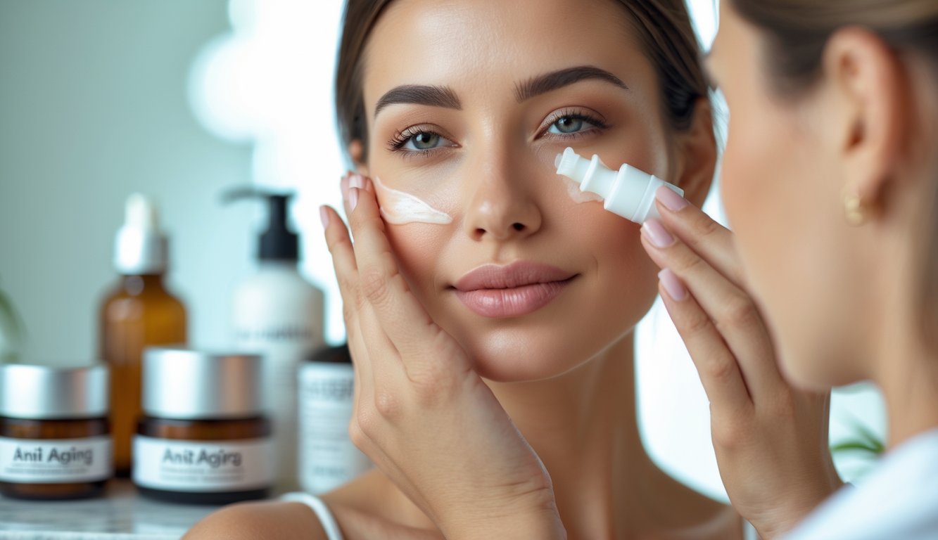 Seorang wanita berusia sekitar 30 tahun sedang mengaplikasikan produk perawatan kulit di wajahnya dengan latar belakang produk skincare di meja.