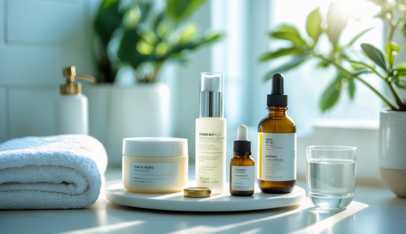 Meja kamar mandi dengan produk perawatan kulit untuk kulit kering, termasuk krim pelembap, serum, handuk putih, dan tanaman hijau, diterangi cahaya matahari alami.