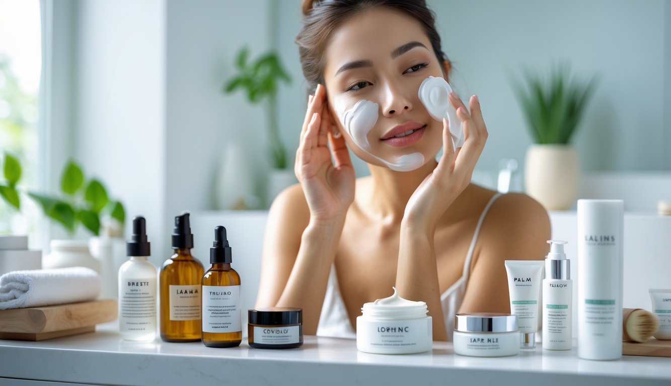 Seorang wanita sedang mengaplikasikan krim pelembap di wajahnya di dalam kamar mandi yang terang dan bersih dengan produk perawatan kulit di meja.