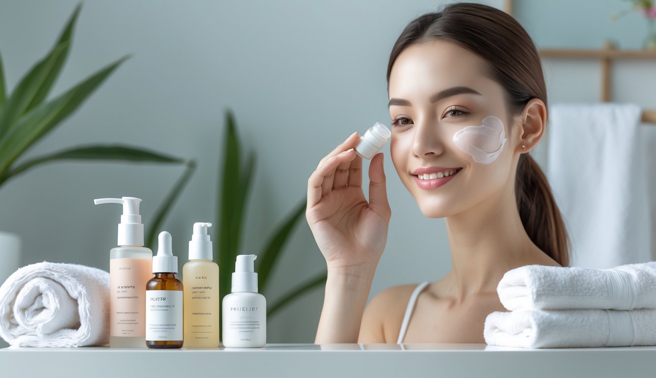 Seorang wanita muda sedang mengaplikasikan pelembap di wajahnya dengan beberapa produk perawatan kulit minimalis di meja putih di dekatnya.