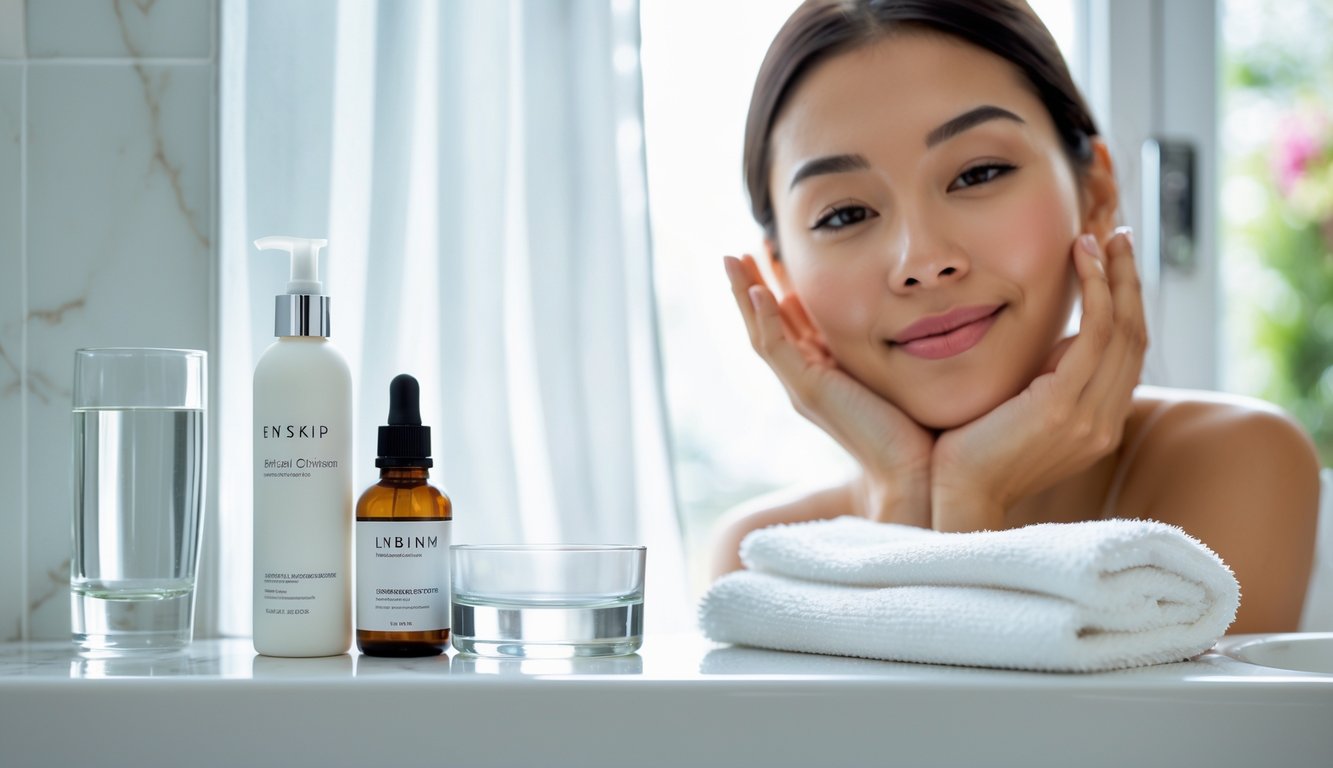 Meja kamar mandi dengan produk perawatan kulit minimalis dan seseorang menyentuh wajahnya dengan latar belakang yang terang.