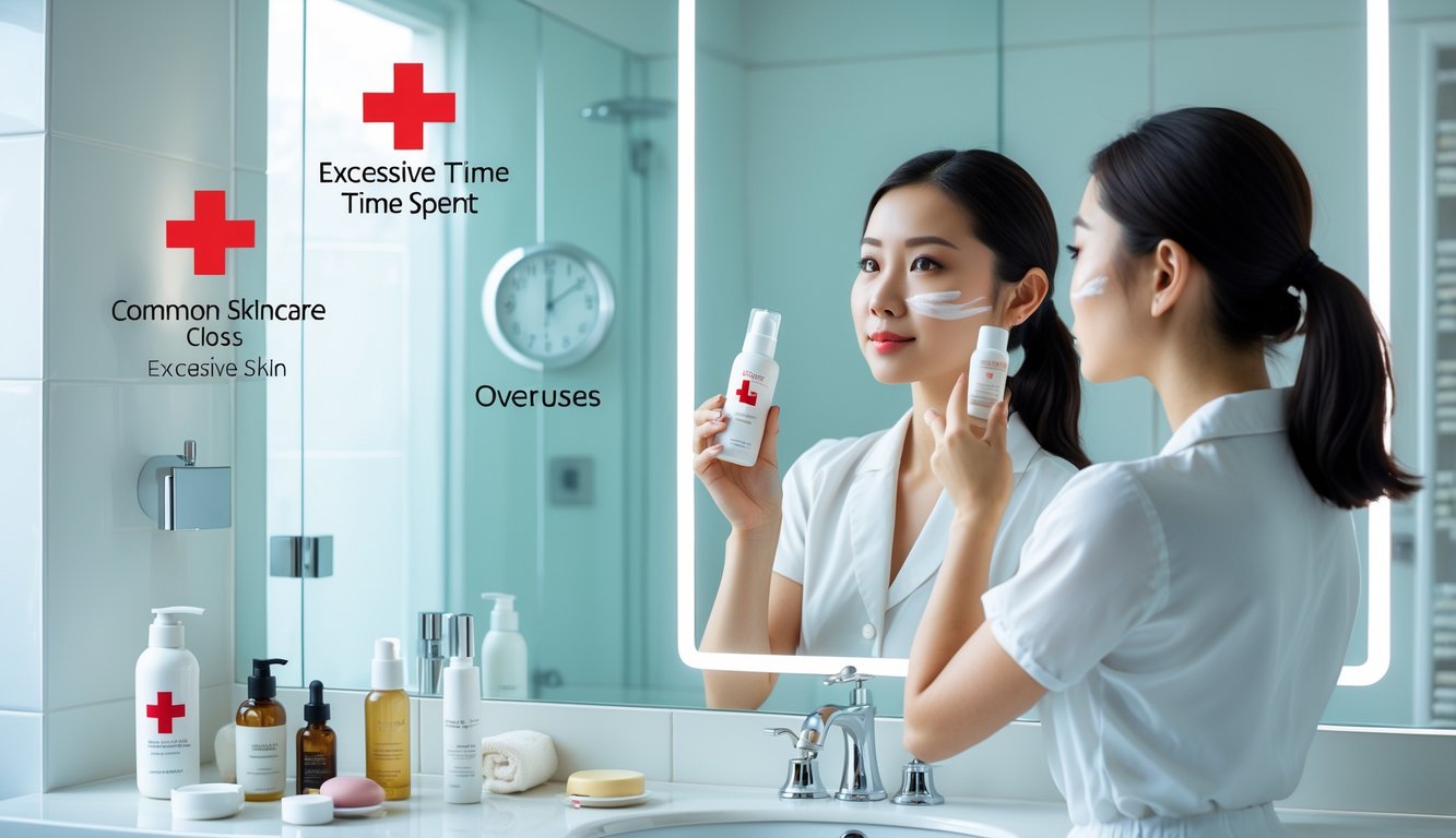 Seorang wanita muda di kamar mandi modern sedang melihat cermin sambil memegang produk perawatan kulit.