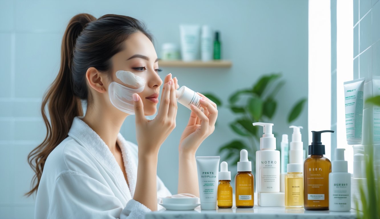 Seorang wanita muda sedang mengaplikasikan produk perawatan kulit di wajahnya di kamar mandi yang terang dan rapi.